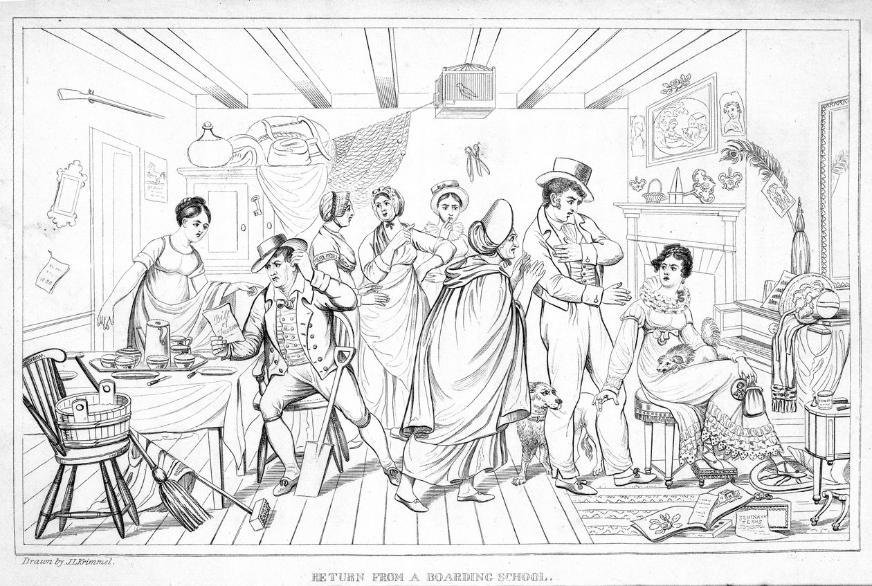 Återkomst från internatskolan, från Analectic Magazine, v.2., 1820 (se 257118) av American School