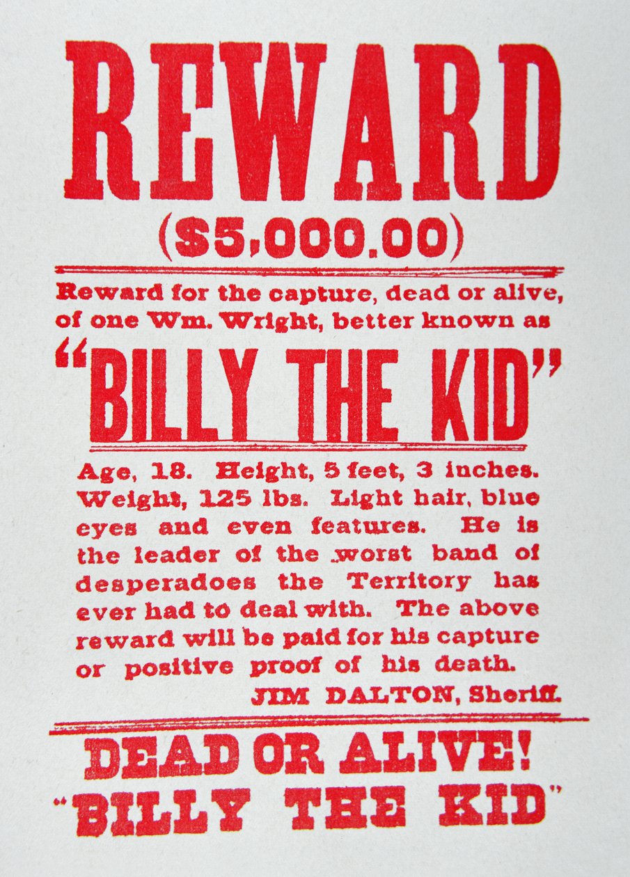 Belöningsaffisch för Billy the Kid (1859-81) (litho) av American School