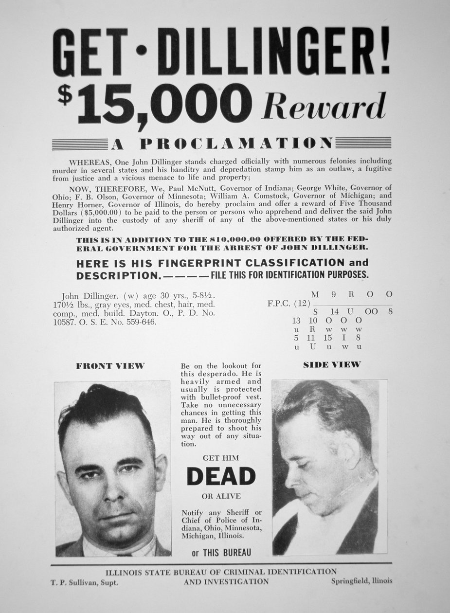 Belöningsaffisch för John Dillinger av American School