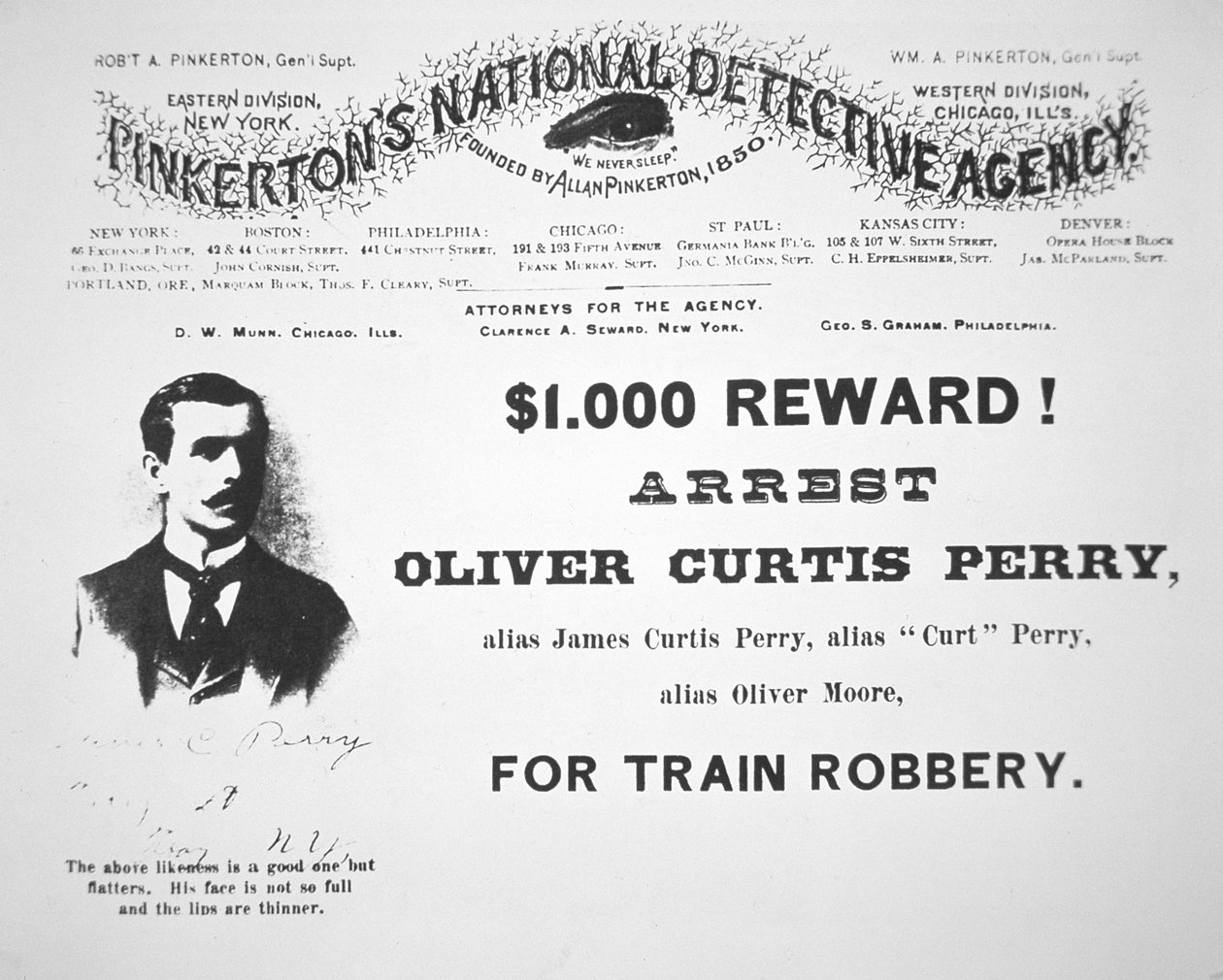 Belöningsaffisch för gripandet av Oliver Perry utfärdad av Pinkertons nationella detektivbyrå av American School