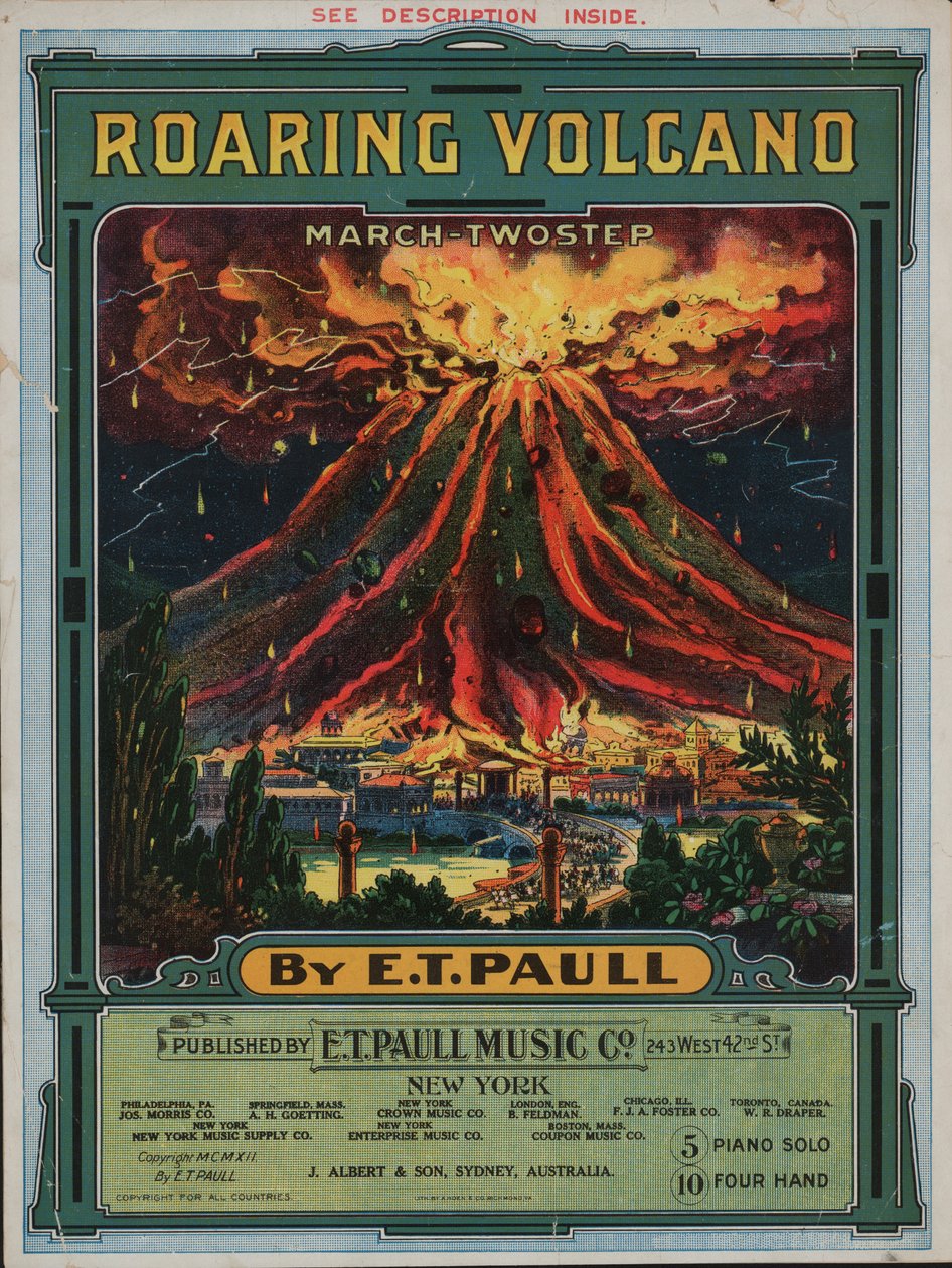 Roaring volcano (färglitografi) av American School