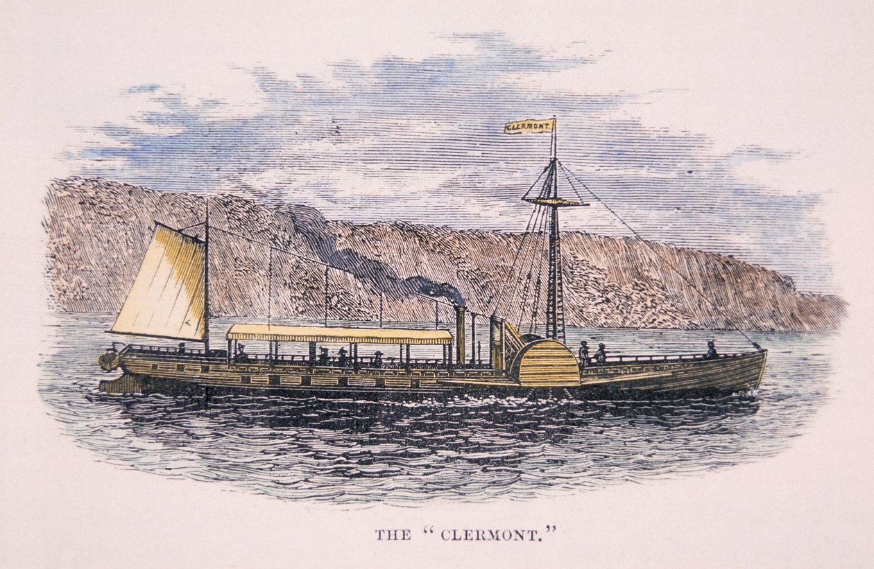 Robert Fultons (1765-1815) "Clermont" ångfartyg, på Hudson River, New York av American School