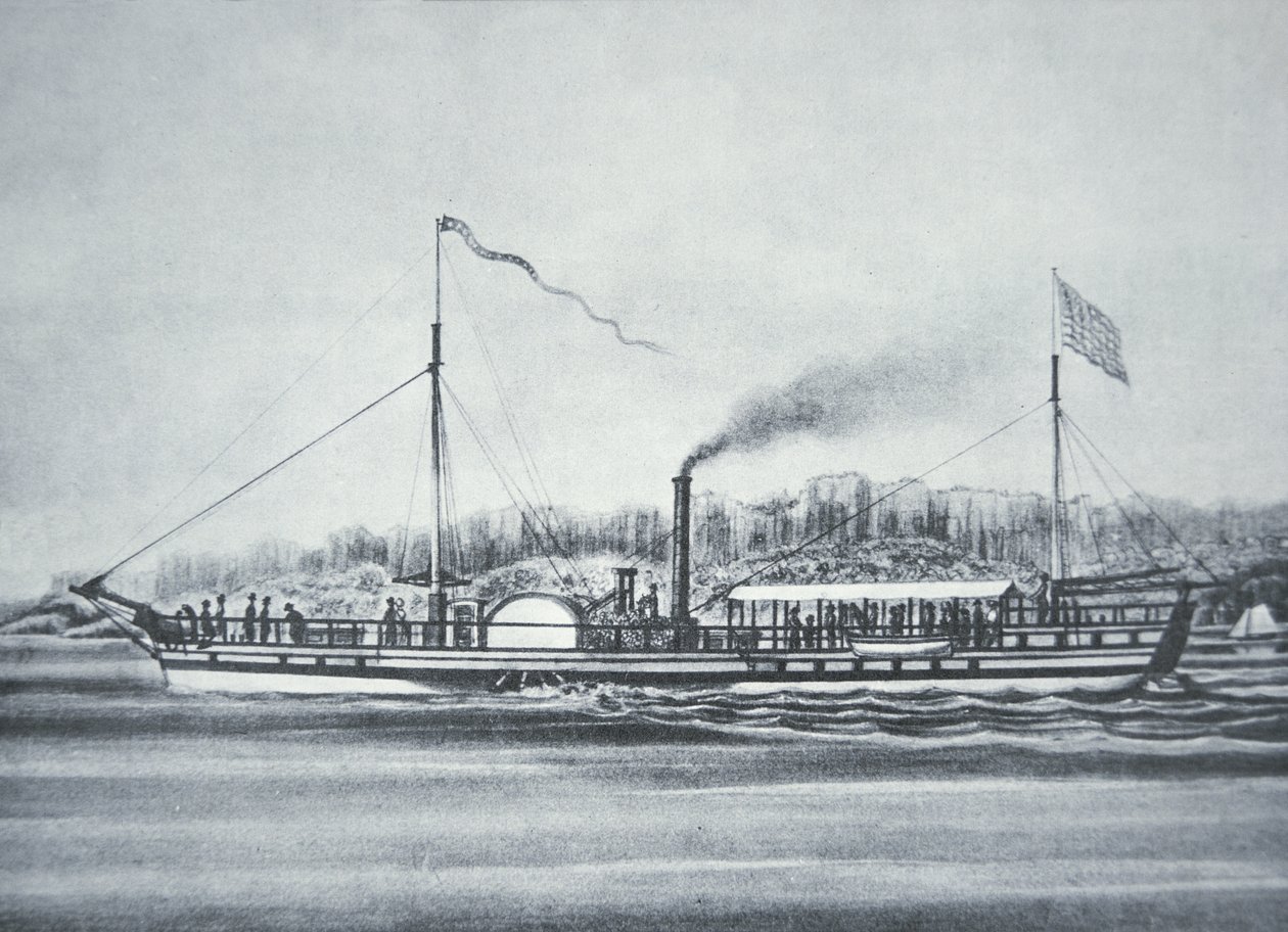 Robert Fultons ångbåt "Clermont", på Hudson River, New York av American School