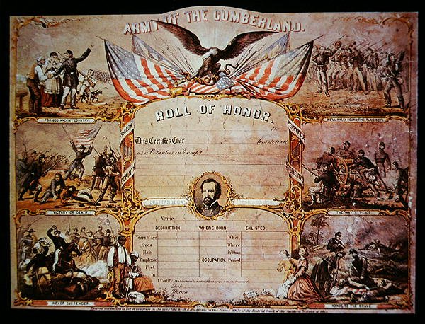 Roll of Honor-certifikat utfärdat till män som tjänstgjorde i Cumberlands federala armé av American School