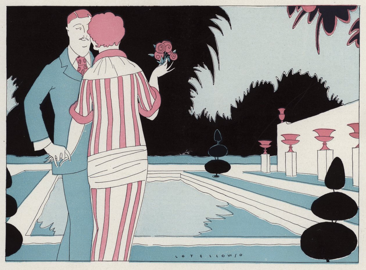 Romantiskt par som håller varandra i handen vid poolen, en scen ur novellen Prospective Honeymooners av J A Waldron (färglitografi) av American School