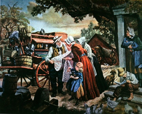 Rural America på 1800-talet: den resande försäljaren av hushållsartiklar (färg litho) av American School