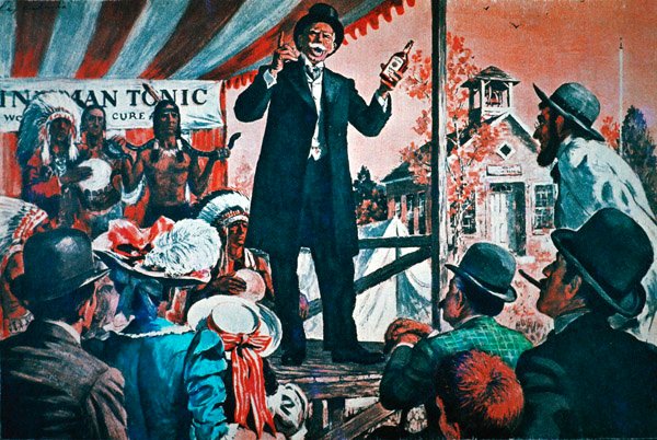 Rural America: resande säljare av "cure-all" tonic (färg litho) av American School