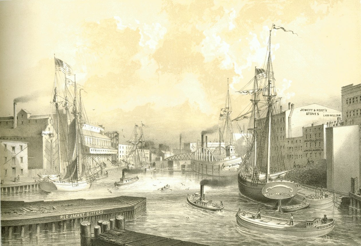 Rush Street Bridge, View from State Street, från Chicago Illustrated, med litterära beskrivningar av James W. Sheahan, publicerad av Jevne & Almini, Chicago, 1866-67 av American School