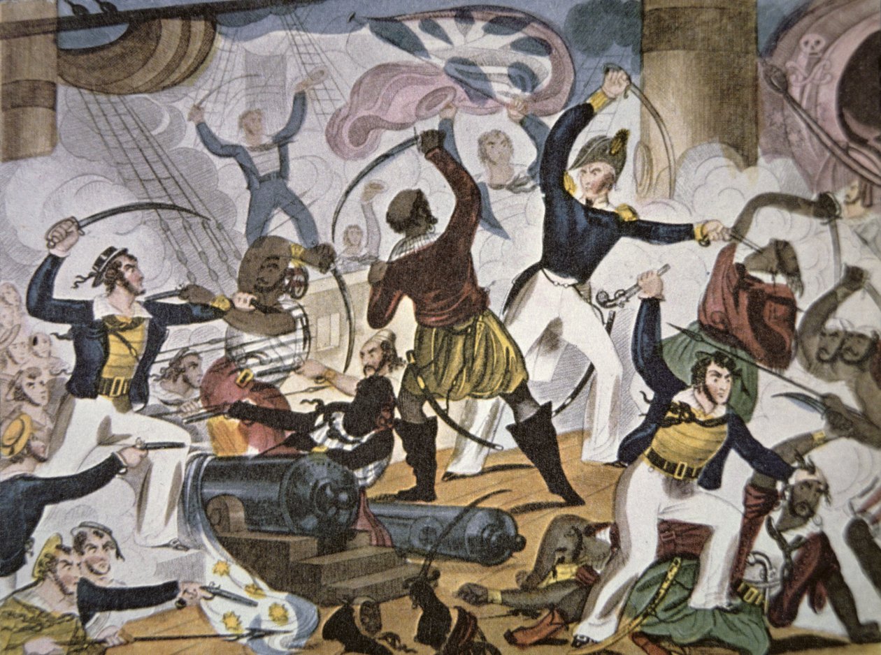 Sjömän från Royal Navy ombord på Algerine piratfartyg, c.1820 (färg litho) av American School