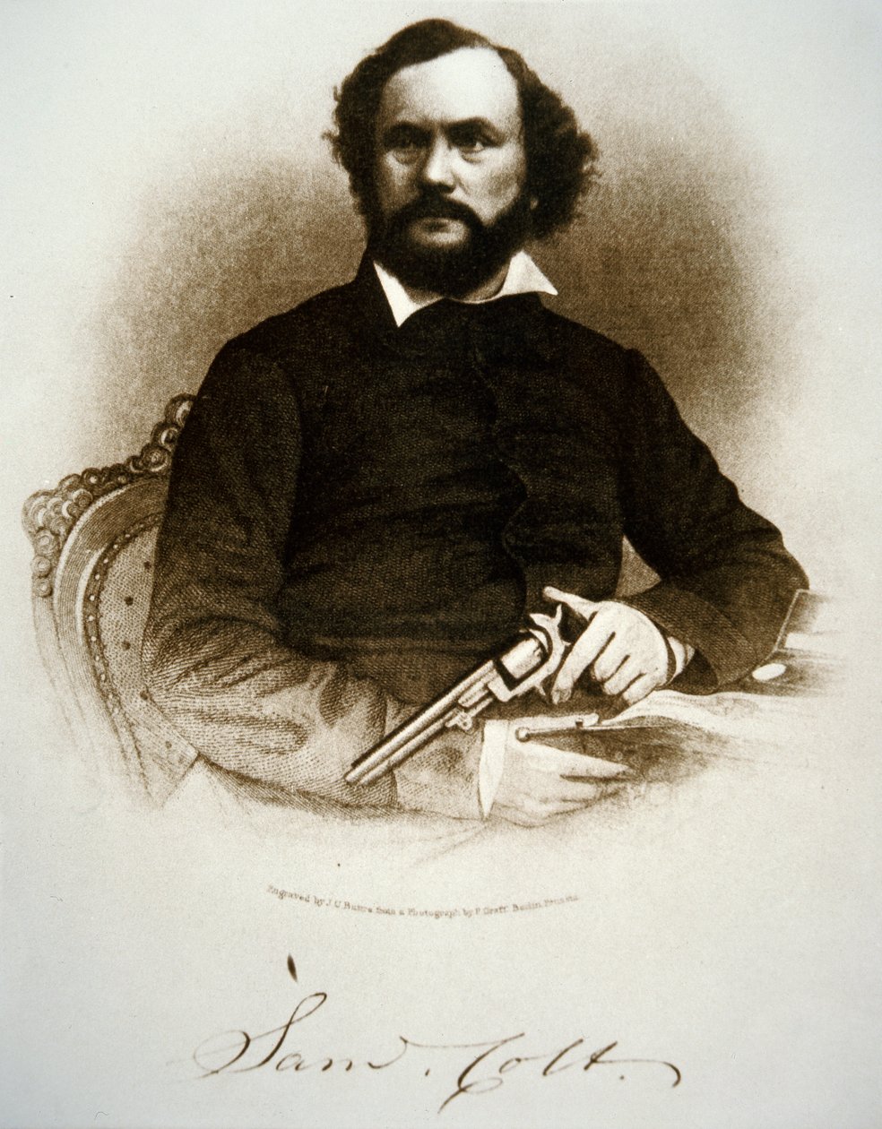 Samuel Colt håller en av sina slagverksrevolvrar (gravyr) av American School