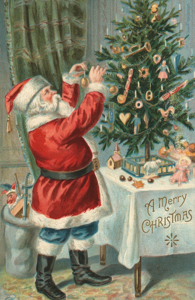 Jultomten dekorerar en julgran av American School
