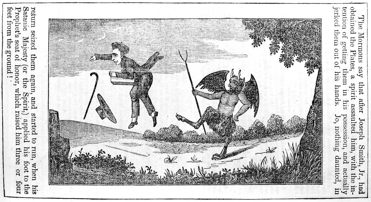 Satan sparkar Joseph Smith (1805-44) från baksidan av Anti-Mormon Almanac för 1842 av American School