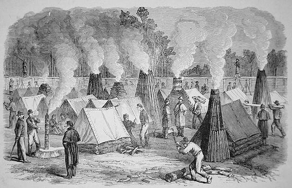 Scen i lägerlivet - skorstensarkitektur - de federala soldaterna vid sina lägereldar (gravyr) av American School
