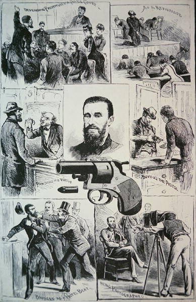 Scener från mördaren Charles Jules Guiteau (1841-82) och pistolen han använde för att döda president James A. Garfield (1831-81) 1881 (litho) av American School