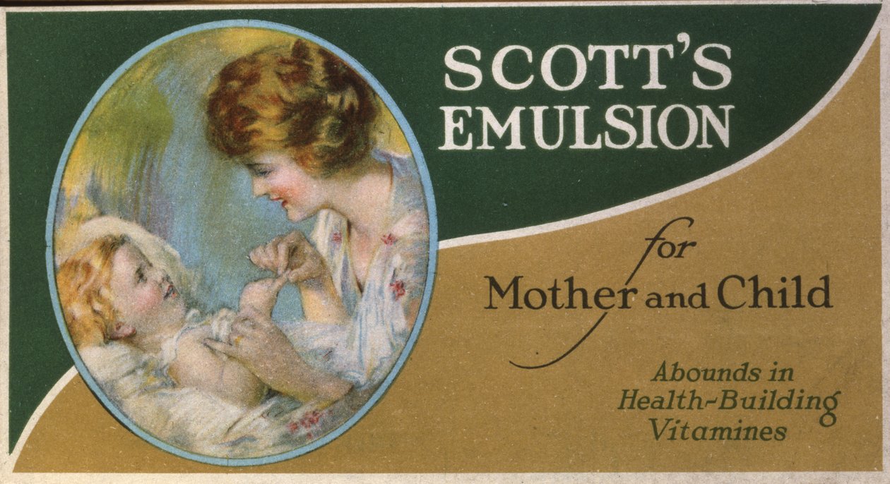 Scotts emulsion för mor och barn, rik på hälsobyggande vitaminer (litografi [handelskort]) av American School