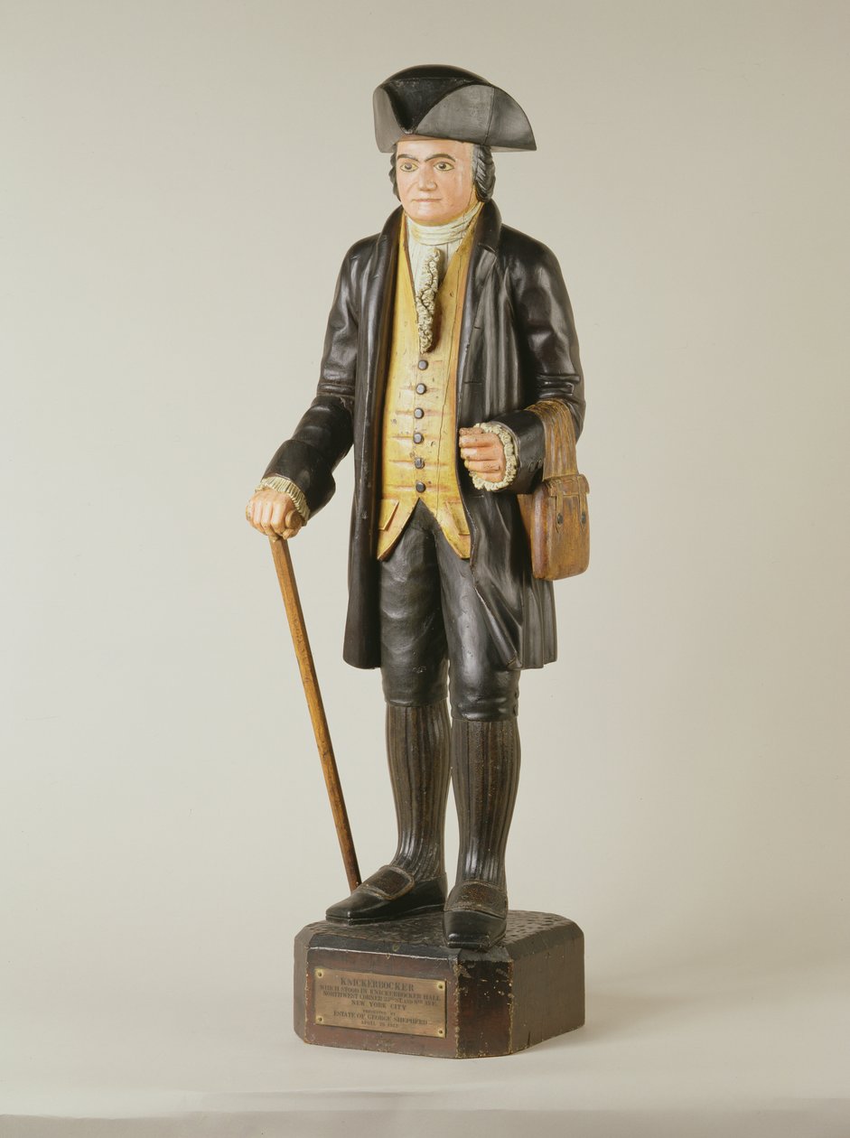 Skulptur av Diedrich Knickerbocker som stod i Knickerbocker Hall i New York City, ca 1850-67 (målat trä) av American School
