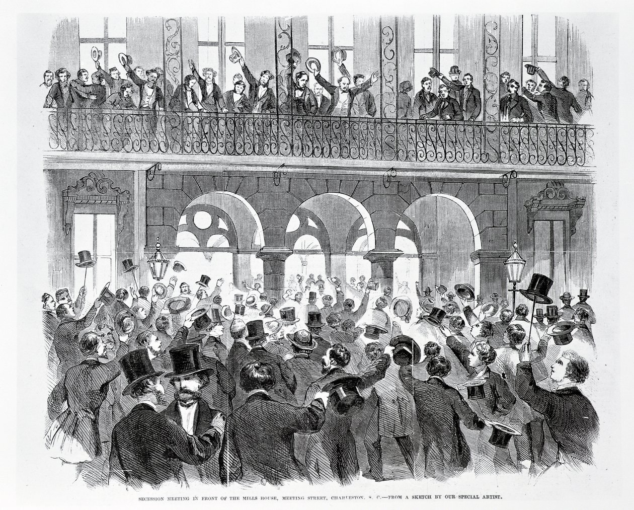 Secessionsmöte framför Mills House, Meeting Street, Charleston, South Carolina, ca 1860 (gravyr) (s/v foto) av American School