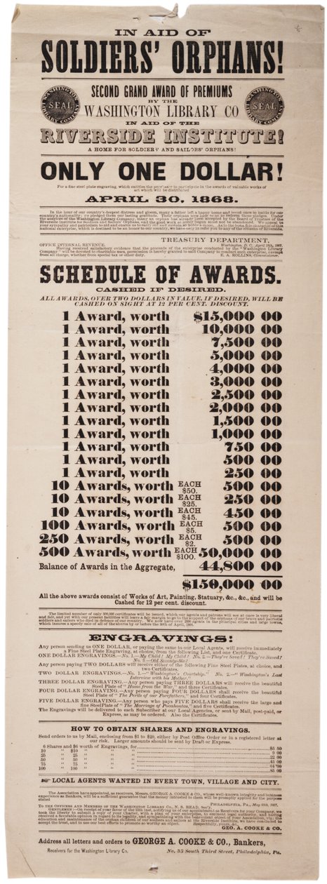 Second Grand Premiums av Washington Library Co till förmån för Riverside Insitution!, 20 maj 1867 av American School
