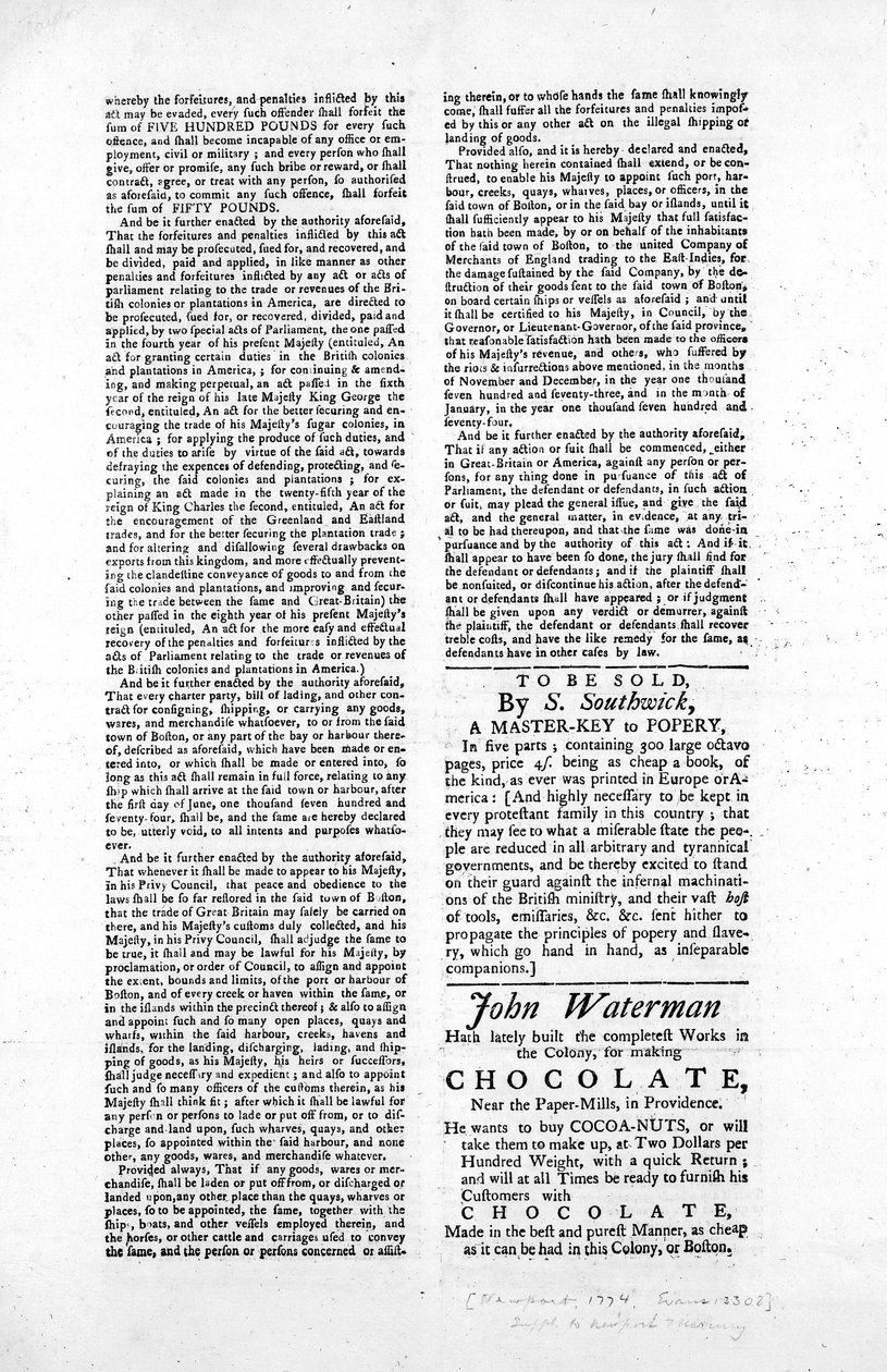 Andra sidan av en bred sida som beskriver lagen för blockering av hamnen i Boston, 1774 (tidningspapper) av American School
