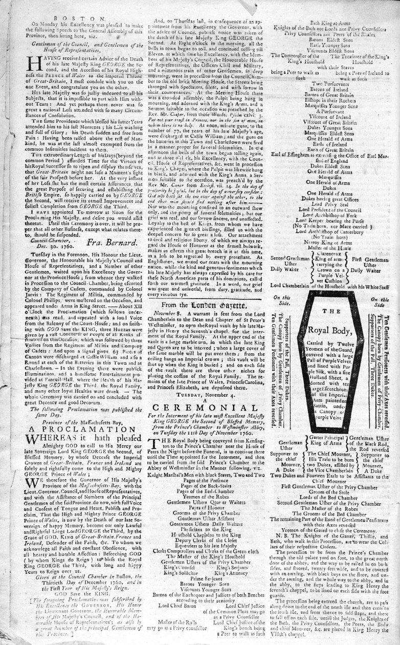 Andra sidan av Boston Evening Post som tillkännager kung George II:s död (1683-1760), 5 januari 1761 (tryck) av American School