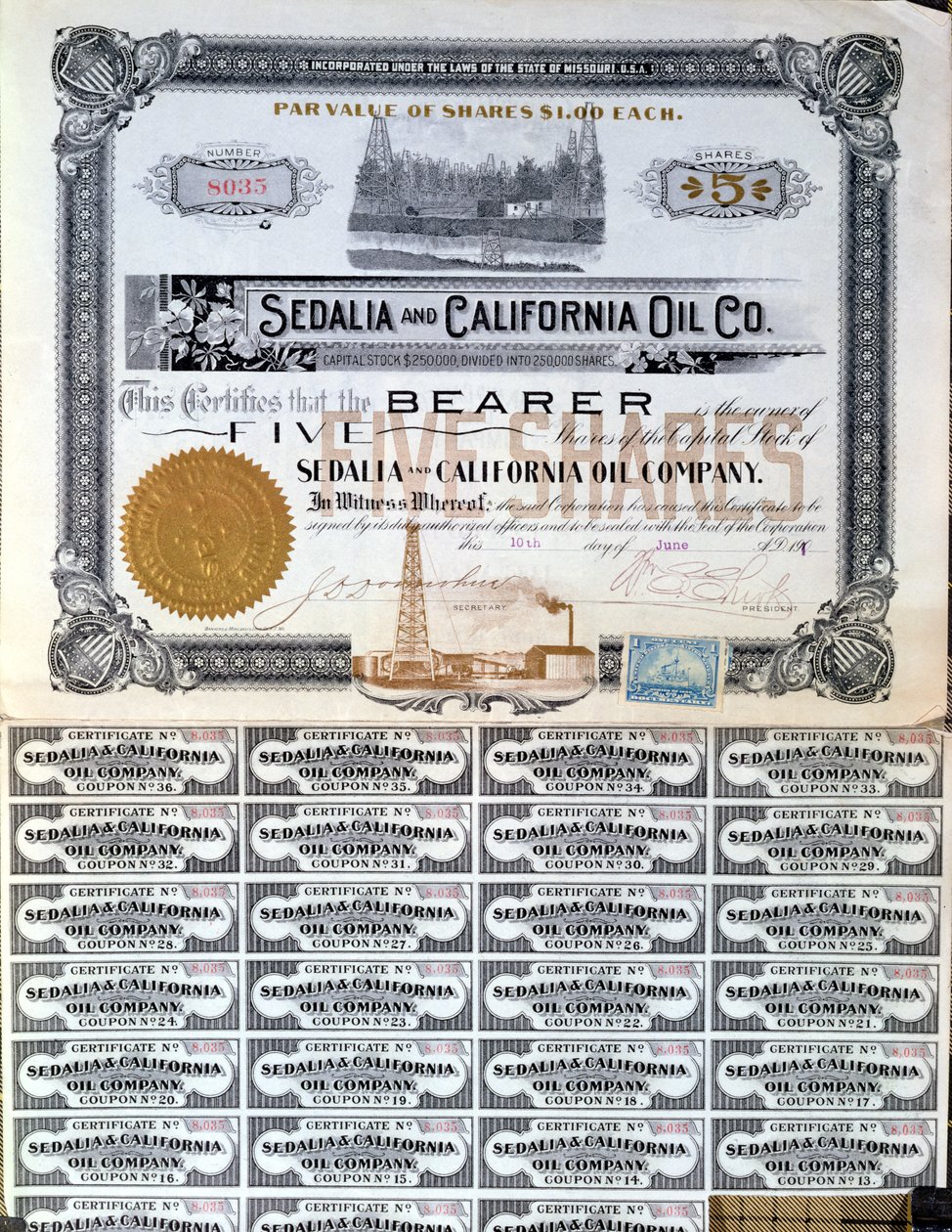 Aktiecertifikat för Sedalia and Californian Oil Company, U.S.A., 1901 av American School
