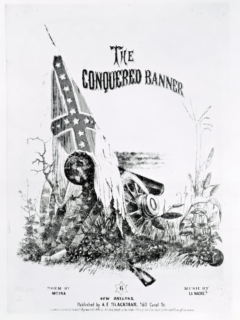 Notomslag till "The Conquered Banner", dikt av Moina, musik av La Hache, utgiven av A. E. Blackmar, 1862 av American School