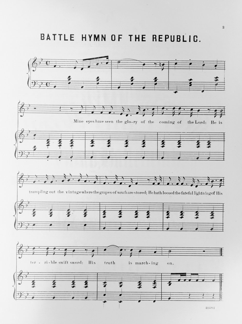 Noter till Battle Hymn of the Republic, skriven av Julia Ward Howe (1819-1910) 1862 av American School