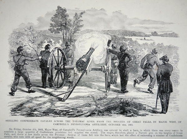 "Beskjuta konfedererade kavalleri över Potomacfloden från höjderna av Great Falls...", 4 oktober 1861 (litho) av American School