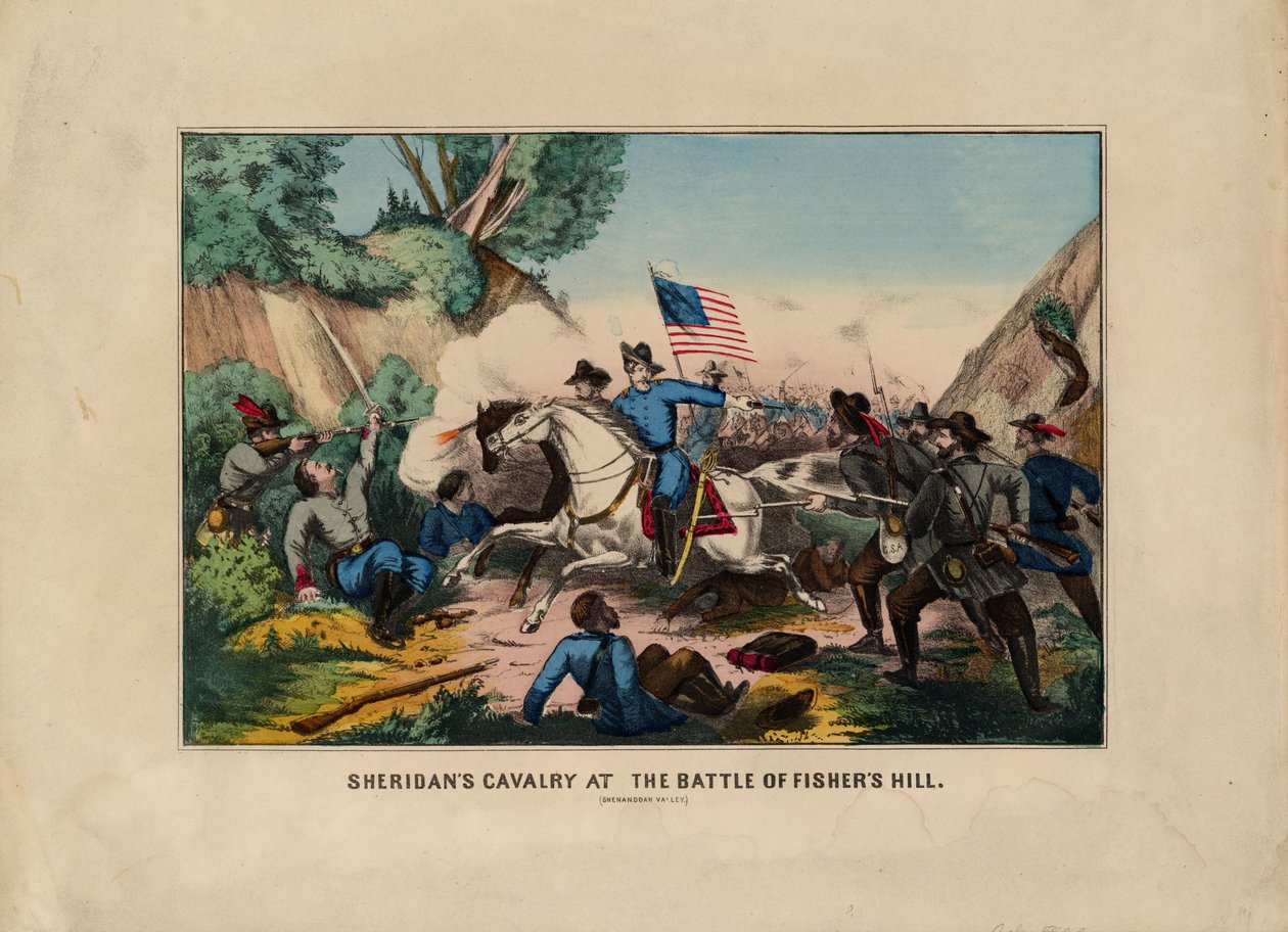 Sheridans kavalleri vid slaget vid Fishers Hill (Shenandoah Valley), pub. av Currier & Ives, ca 1864 av American School
