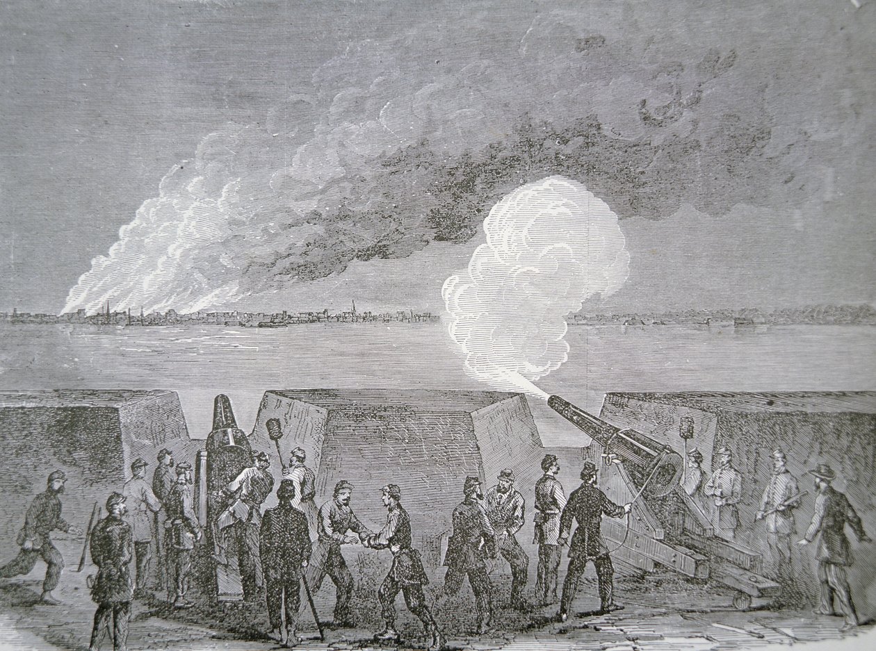Belägring av Charleston, staden som brinner under bombardement, 3 januari 1864, från Harper