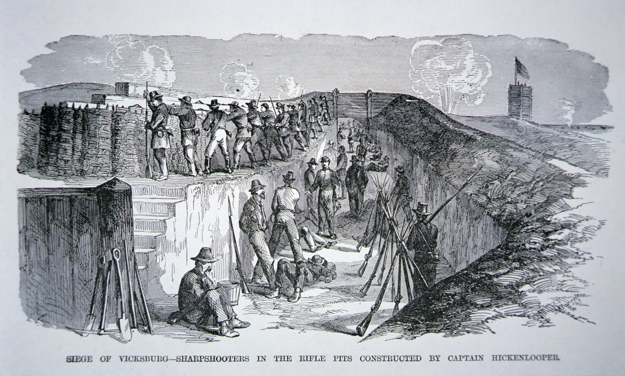 Siege of Vicksburg - Sharpshooters i gevärsgroparna konstruerade av General Hickenlooper (gravyr) av American School