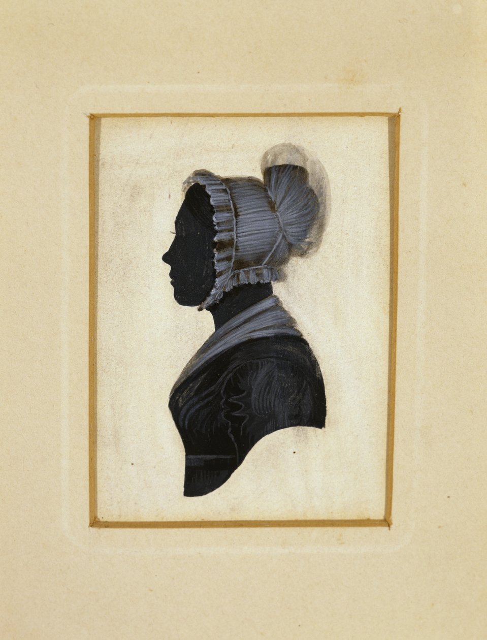 Silhouette of a Lady, ca. 1830-1840 (svart bläck med brun och vit krita avgränsning på vävt papper) av American School