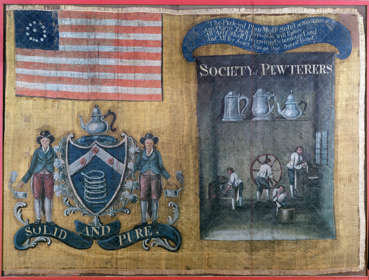 Silk Banner of Society of Pewterers of New York City, buren i Federal Procession, 23 juli 1788 (textil) av American School