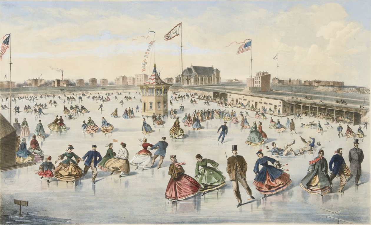 Skridskoåkning på Union Pond, pub. 1863 (lito i färg) av American School