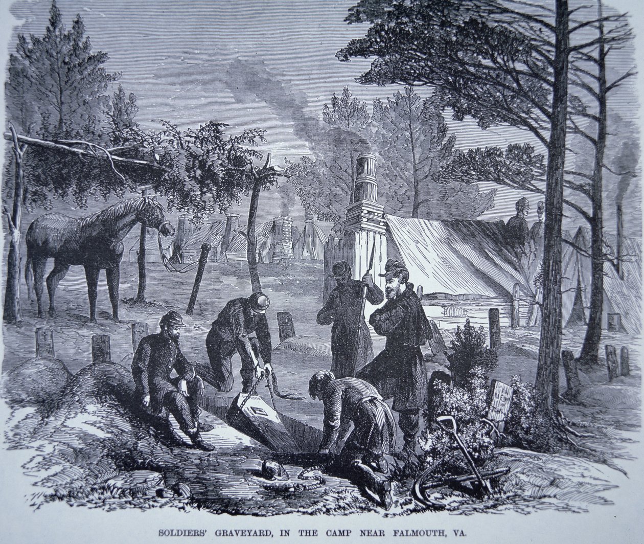 Soldaternas kyrkogård i lägret nära Falmouth, Virginia (litho) av American School
