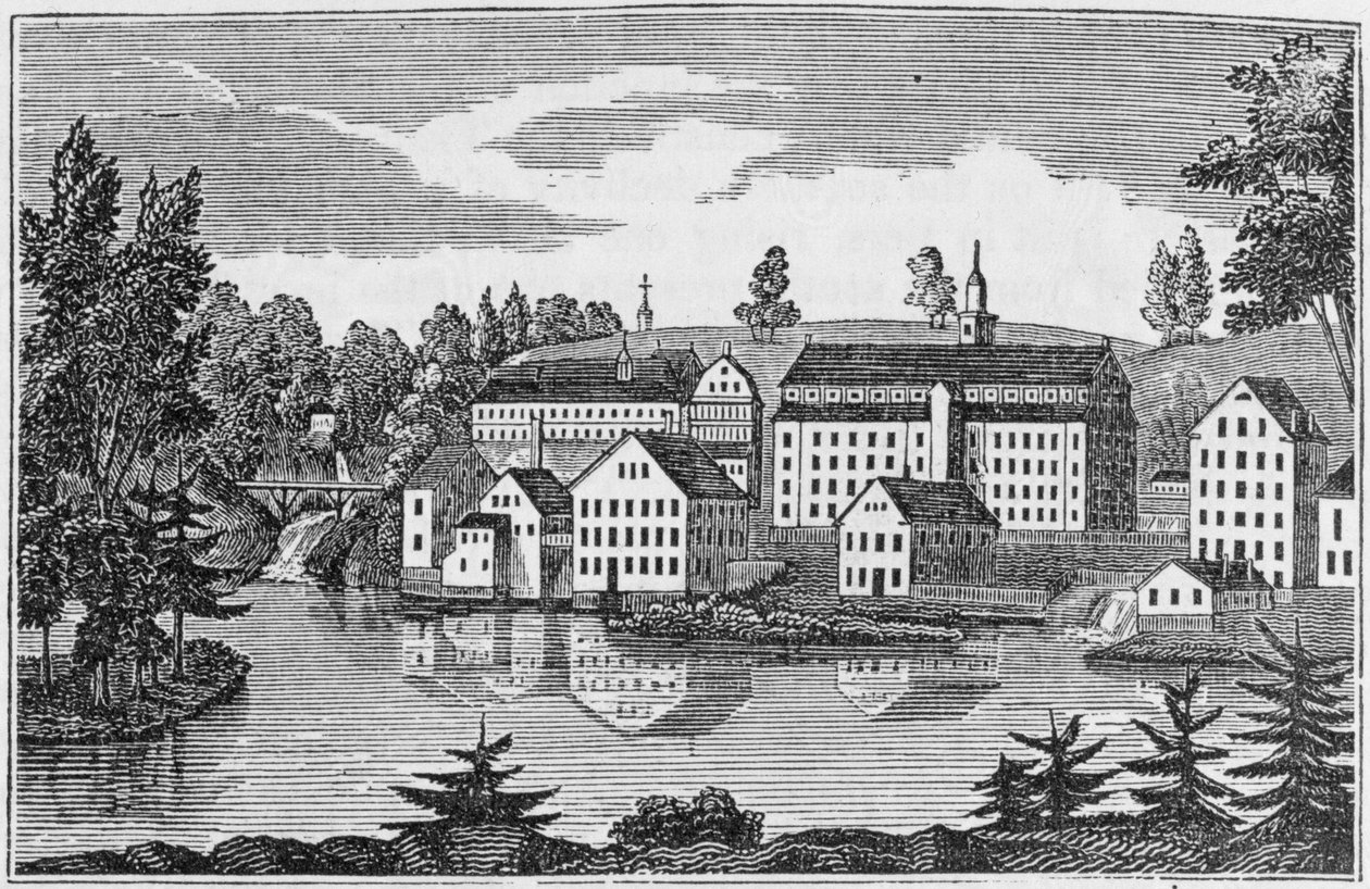 Sydostvy över fabrikerna vid Yantic Falls, Norwich, från "Connecticut Historical Collections", av John Warner Barber, 1856 av American School