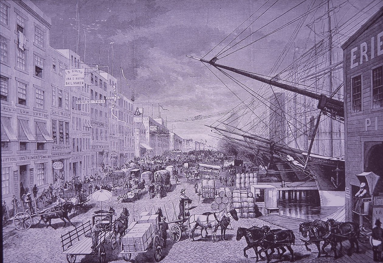 South Street Seaport på 1870-talet, New York City (gravyr) av American School