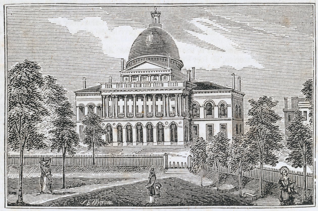 Södra vy av State House i Boston på Beacon Street, från "Historical Collections of Massachusetts", av John Warner Barber, graverad av S. E. Brown, 1839 av American School