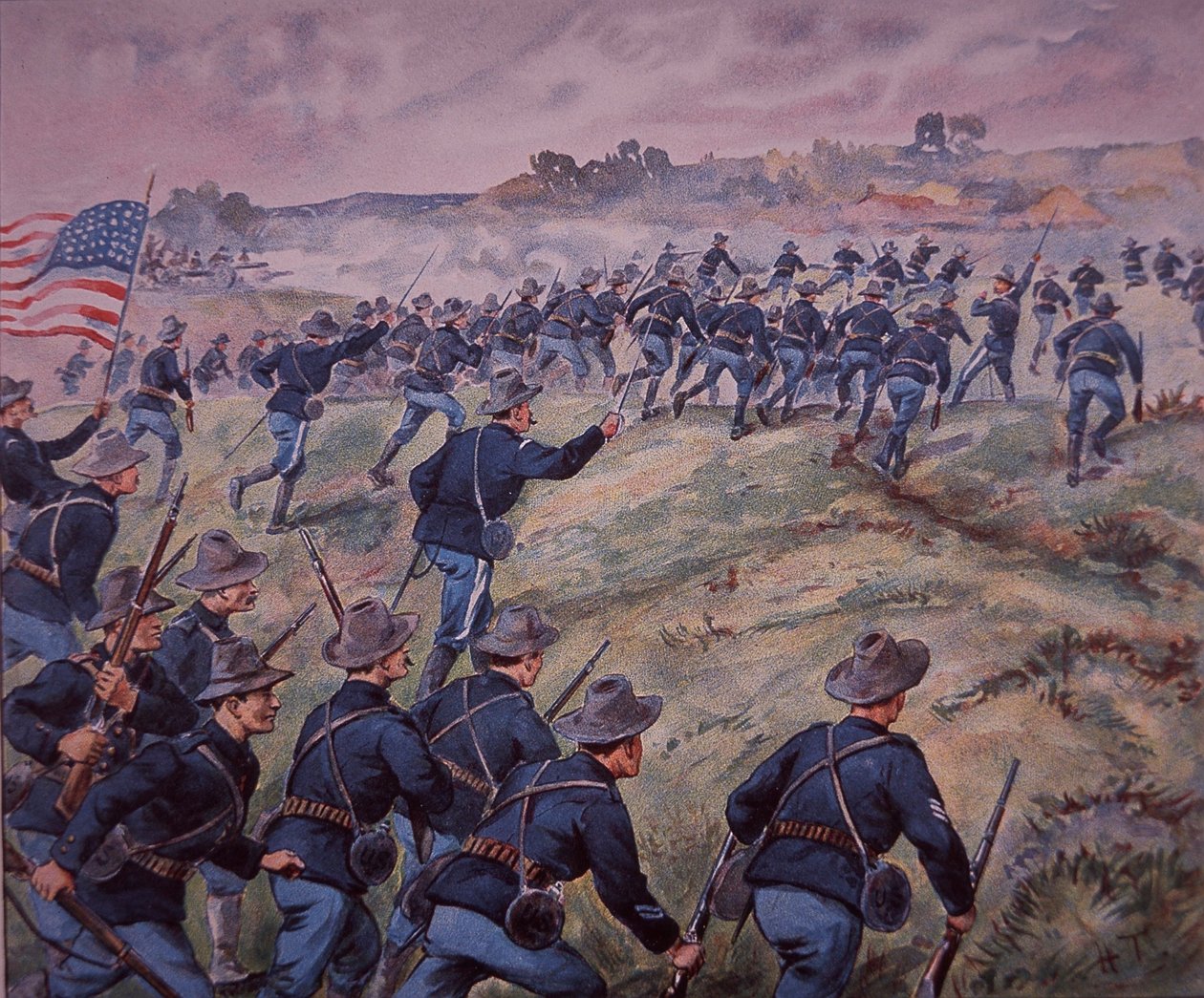 Spansk-amerikanska kriget 1898, amerikanska trupper stormar San Juan Heights på Kuba (färg litho) av American School