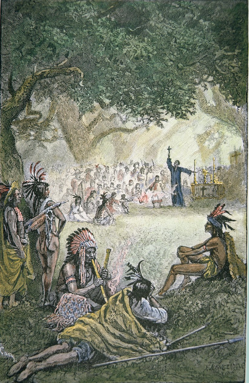 Spanska jesuitmissionärer som konverterade indianer i Kalifornien på 1600-talet (färg litho) av American School