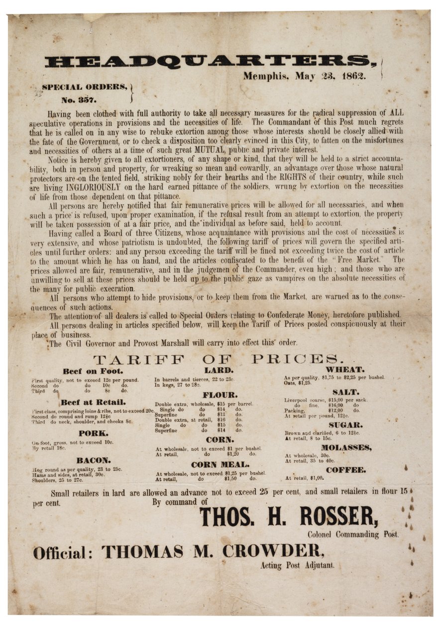 Specialbeställningsnr. 357 publicerar matpriser för att förhindra spekulation, 23 maj 1862 av American School