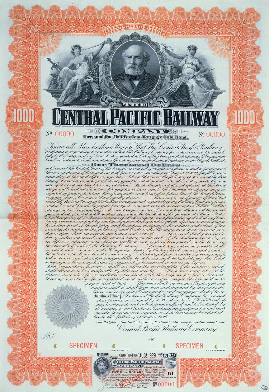 Provobligationscertifikat för 1000 dollar för Central Pacific Railway Company Company, 1899 av American School