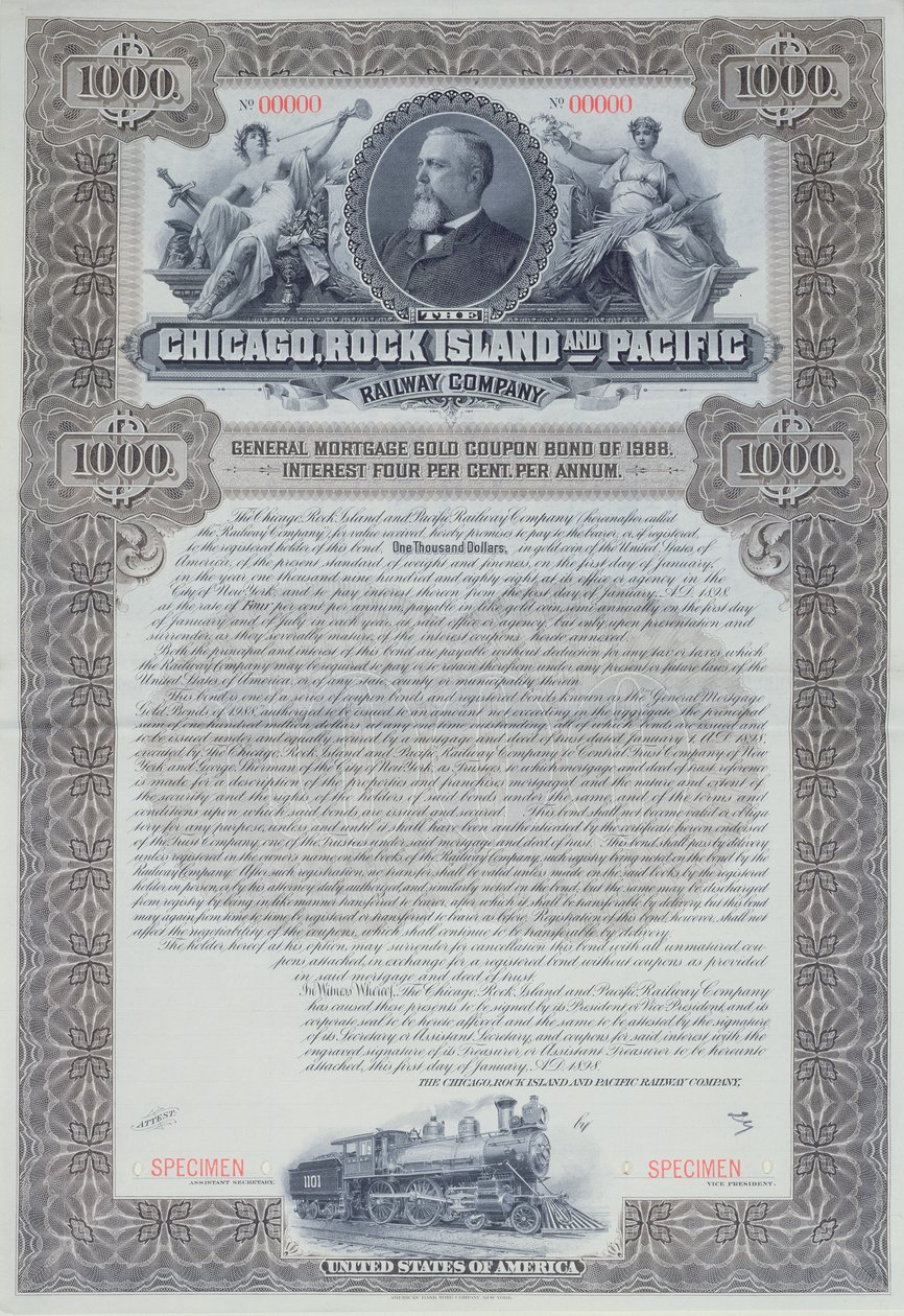 Provobligationscertifikat för 1000 dollar för Chicago, Rock Island and Pacific Railway Company, 1898 av American School