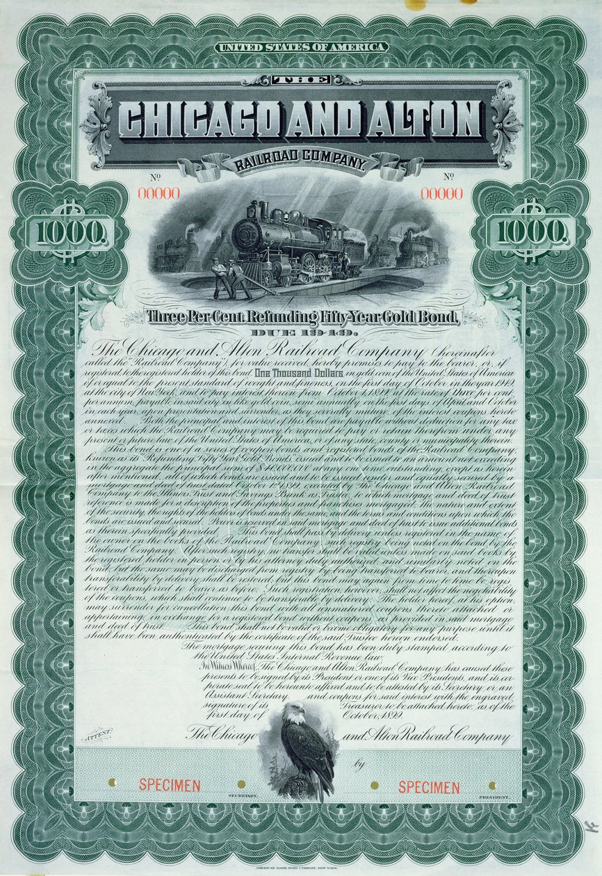 Provobligationscertifikat för 1000 dollar för Chicago and Alton Railroad Company, 1899 av American School