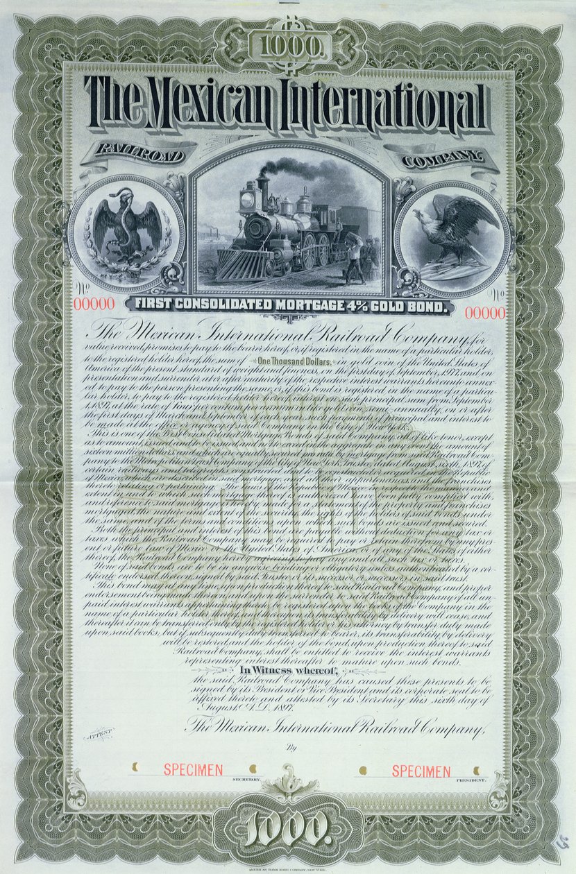 Provobligationscertifikat för 1000 dollar för Mexican International Railroad Company, 1897 av American School