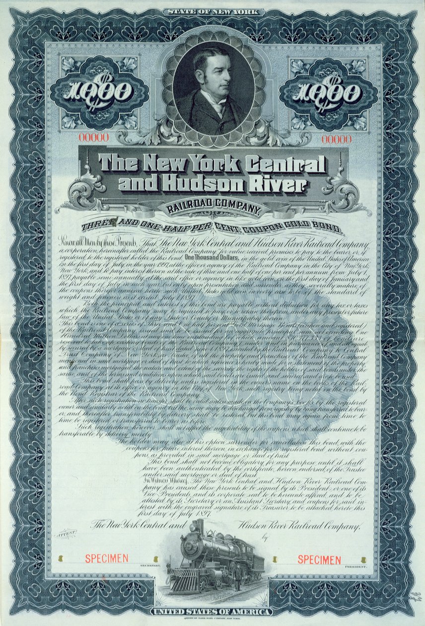 Provobligationscertifikat för 1000 dollar för New York Central and Hudson River Railroad Company, ca 1900 av American School