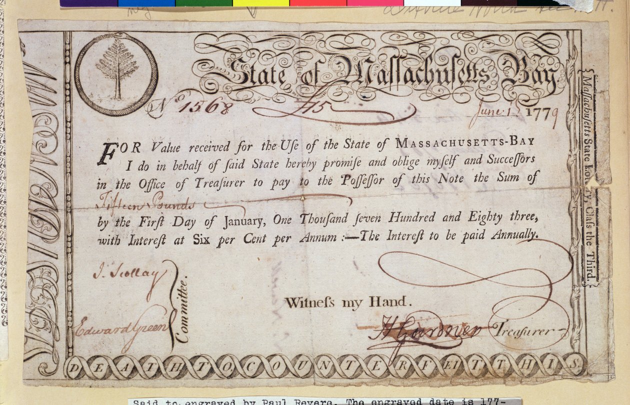 State of Massachusetts Bay skuldebrev, sägs vara graverad av Paul Revere (1735-1818) 1779 av American School