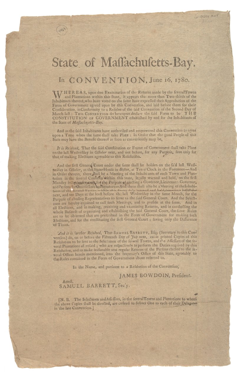 State of Massachusetts in Convention, State Constitution, 16 juni 1780 av American School