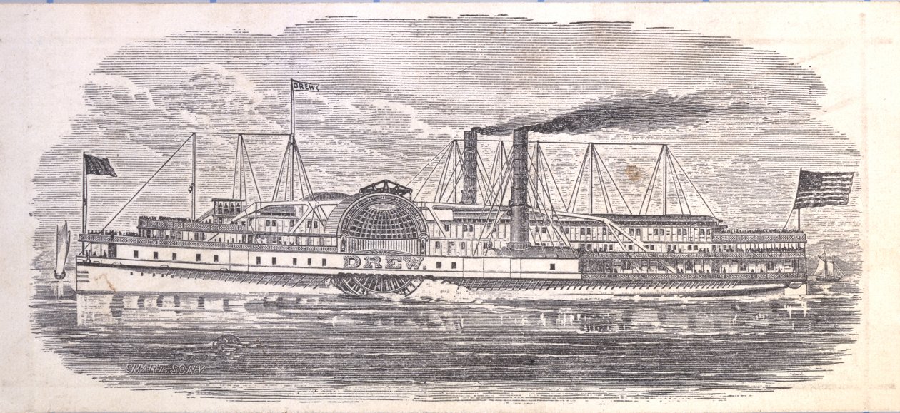Steamship Drew, Ticket for the Peoples Evening Line, Albany till New York, a tergo (gravyr [biljett]) av American School