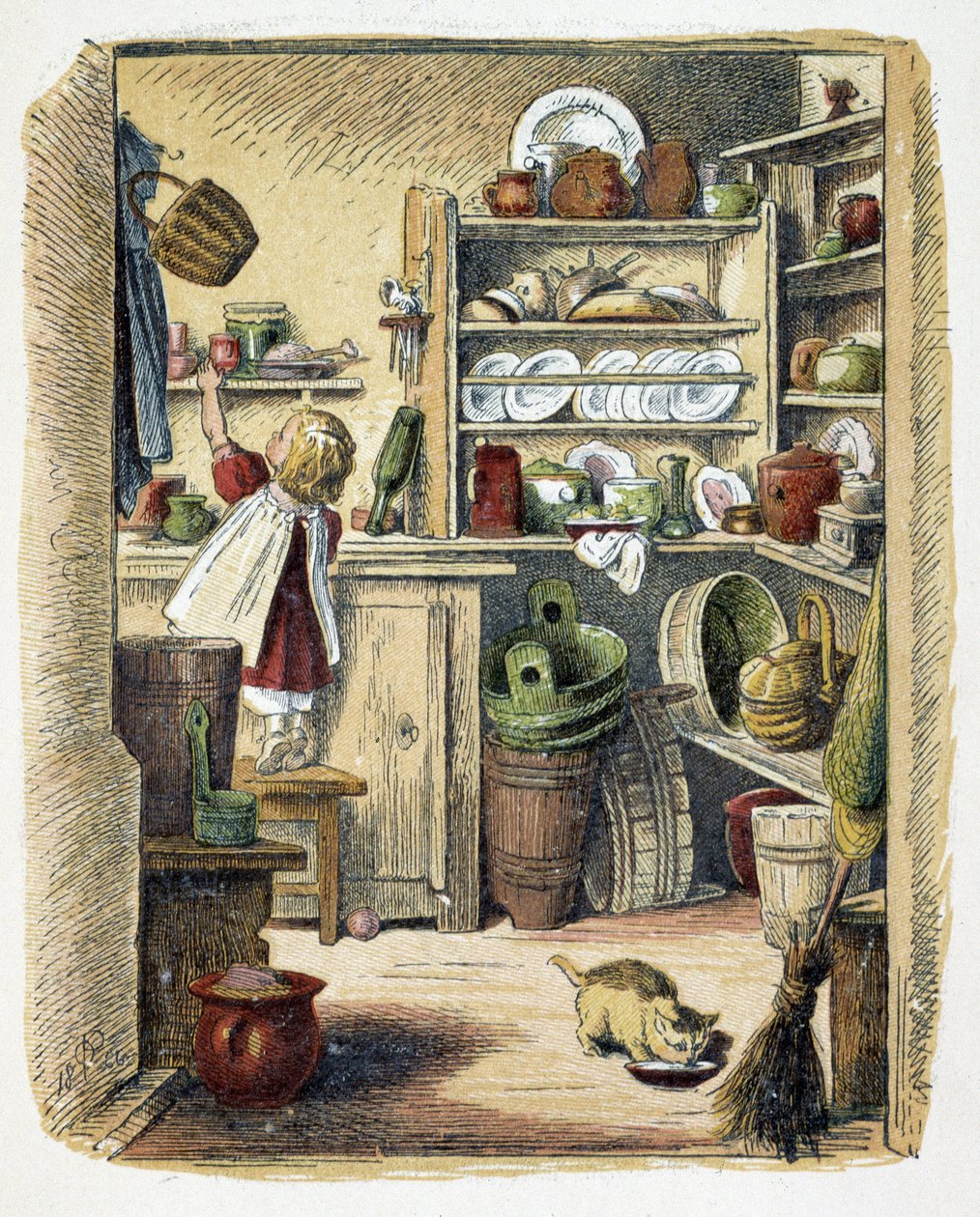 Förvaring i köket i "" Schnik, schnak, småsaker för de minsta"", barnspel. ed. London- Georges Ronthedge och söner. New York, Den breda vägen Ludgate n.d. c. 1890. av American School